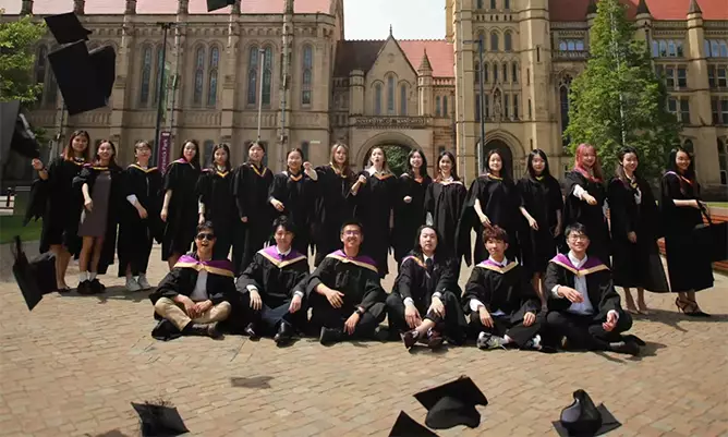 Yitong Zhang celebrating graduating with her cohort outside the University of Manchester
