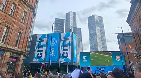The Manchester City Premier League title celebrations in 2022 showing the presentation stage which was located on Deansgate