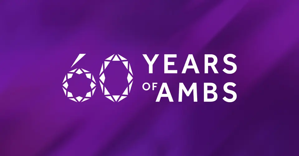 Purple graphic with text '60 - 1965-2025' to show the 60th anniversary AMBS is celebrating