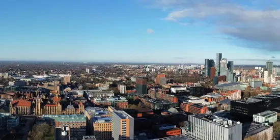 Panoramic view of The University of Manchester as part of the Manchester skyline