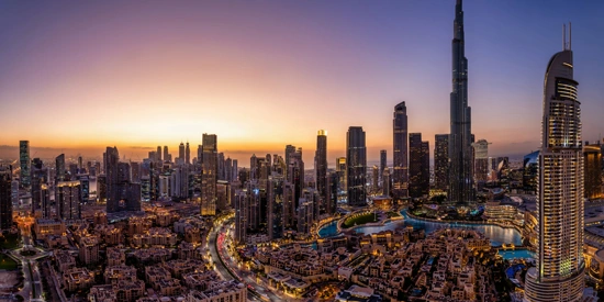 Panoramic view of the downtown skyline of Dubai in the evening light