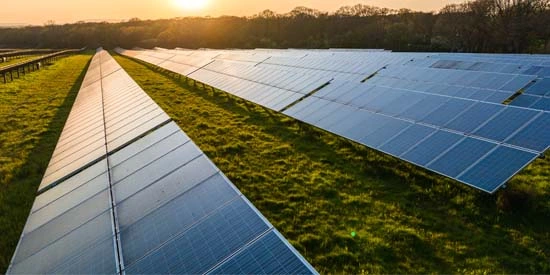 Solar power farm in the evening light