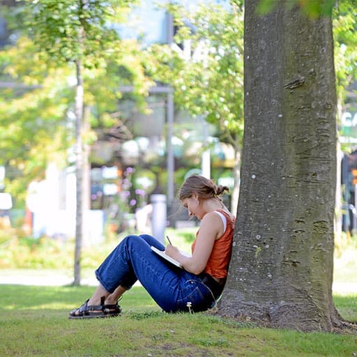 A student underneath a tree writing in a book