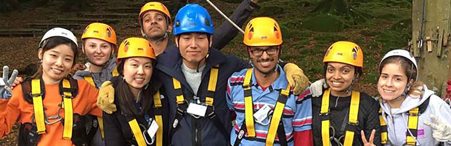 A group of students at Brathay wearing helmets and harnesses