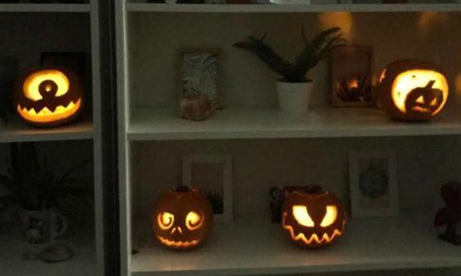 4 pumpkins on 2 different shelves 