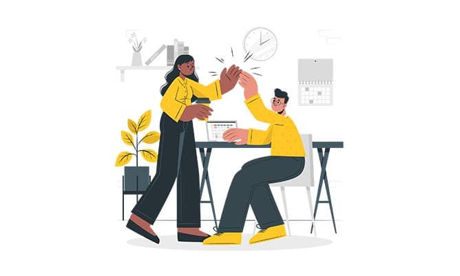An infographic showing two people in yellow helping each other