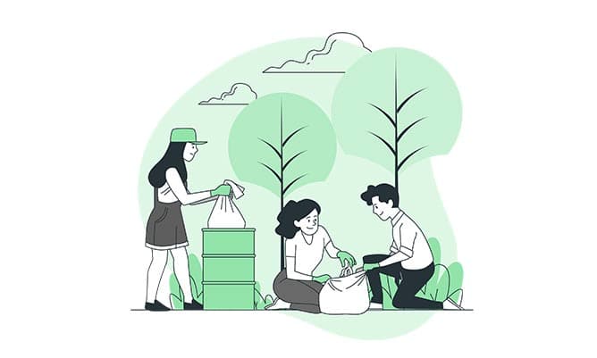 An illustration of 3 people cleaning up rubbish outside