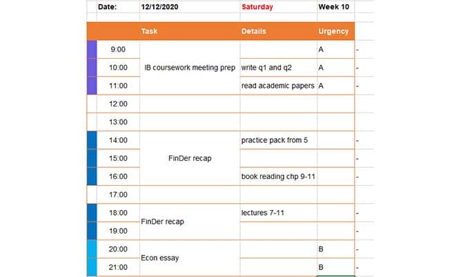 An example of how Mingli schedules her day of revision