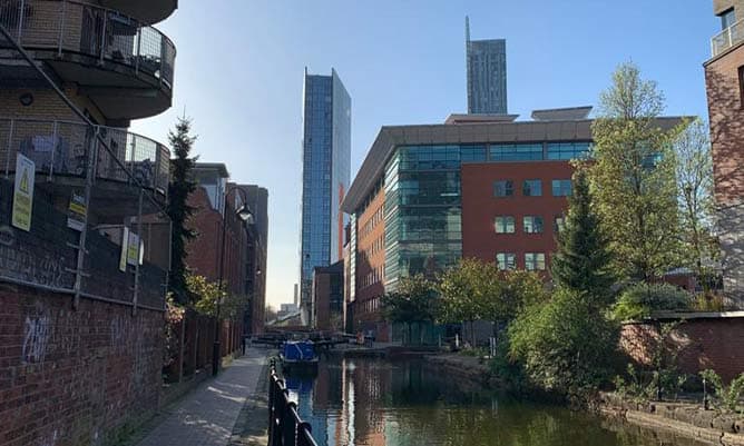 A view of Beetham tower from a canal in Manchester