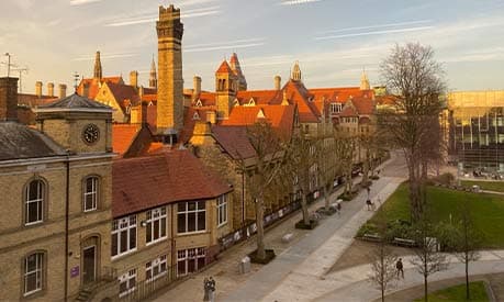 A view of the University of Manchester campus during sunset