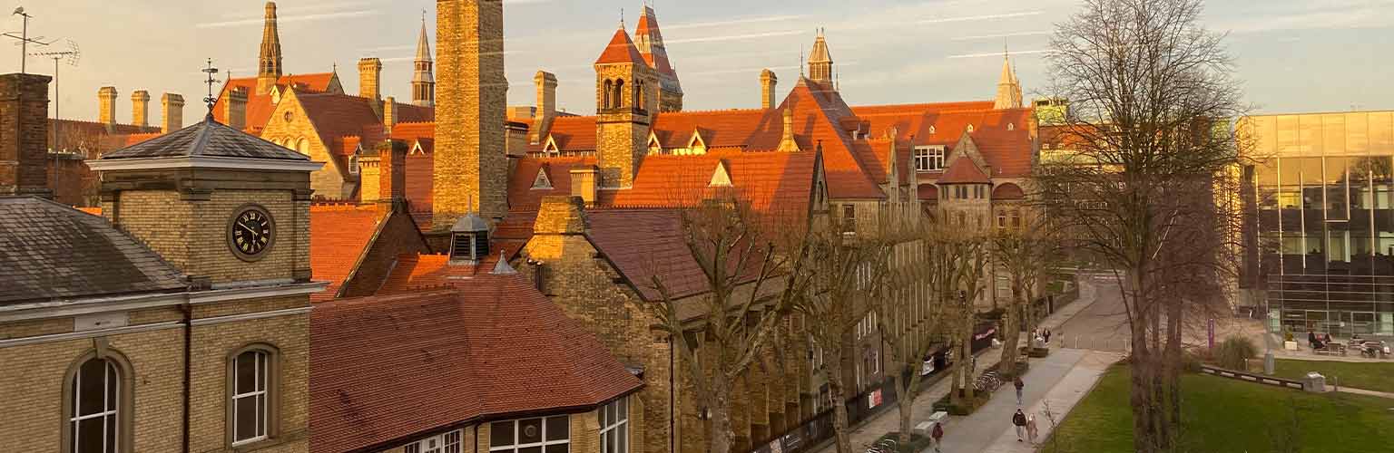 A view of the University of Manchester campus during sunset