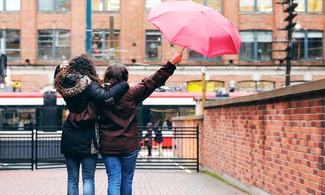 two people under an umbrella in a city