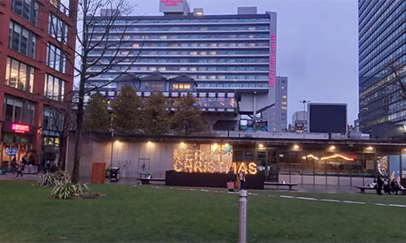 Manchester Piccadilly Gardens with christmas decorations up