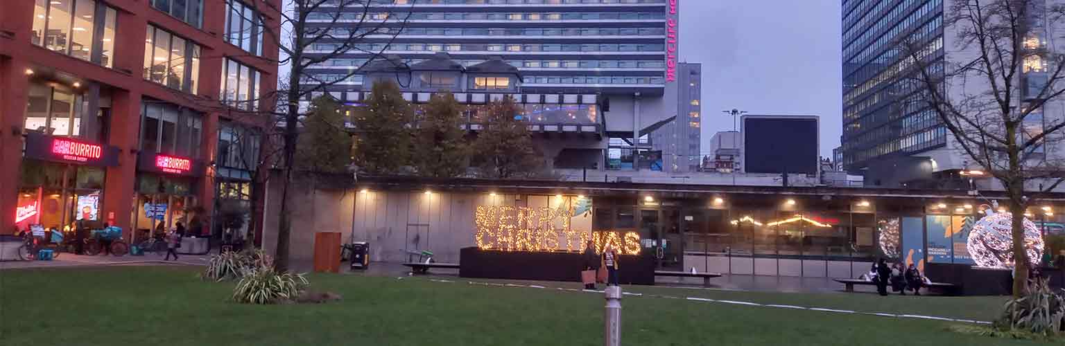 Manchester Piccadilly Gardens with christmas decorations up