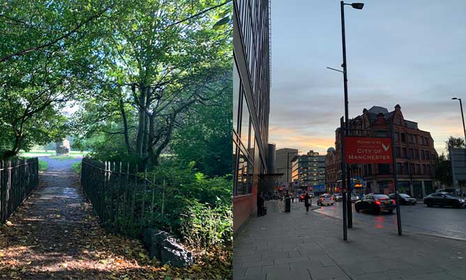 One picture of a park in Manchester and another in the city centre