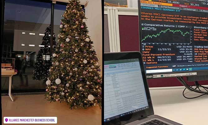 The Christmas tree at AMBS and the Bloomberg Terminal in the Alliance Manchester Business School building