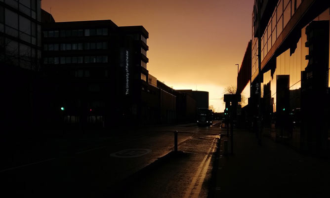 A silhouette of buildings in Manchester