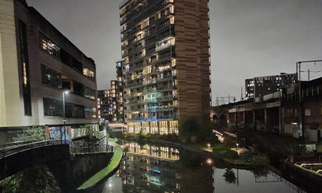 Castlefield junction interchange in Manchester at night