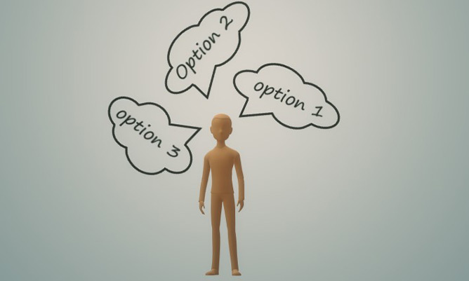 An infographic of a person with speech bubbles saying 'option 1', option 2' and 'option 3'