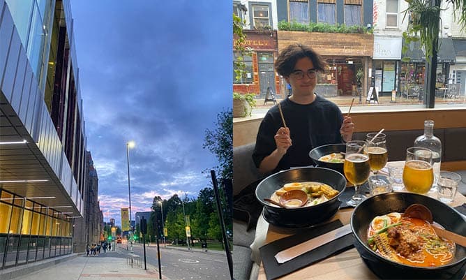 Two pictures from Amy wells showing a building and the inside of a cafe 