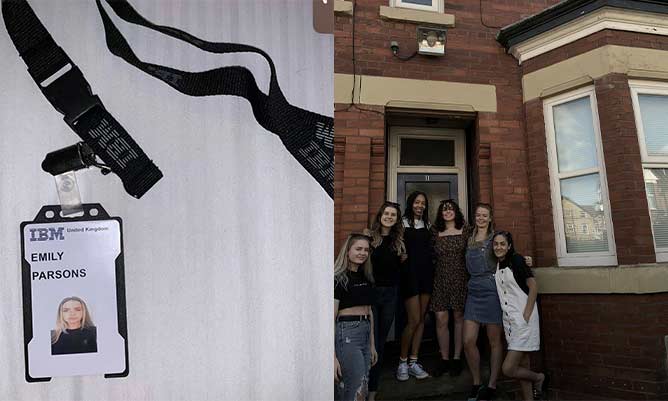Two pictures from Emily Parson's blog showing a lanyard of Emily and a photo of Emily and her friends outside a house