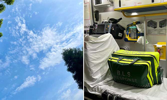 One half an image showing blue sky and the other showing the inside of an ambulance