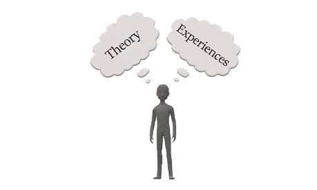 A silhouette of a person with the two think bubbles saying 'theory' and 'experience'