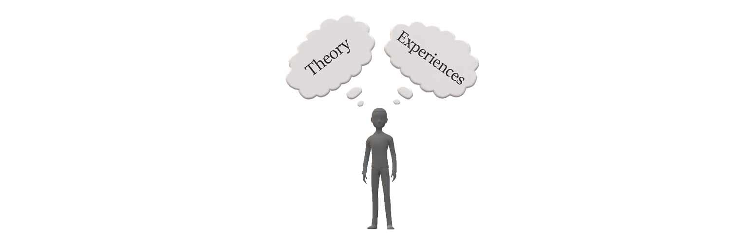 A silhouette of a person with the two think bubbles saying 'theory' and 'experience'