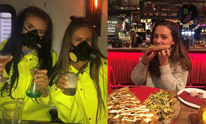 friends in a bar and chloe eating pizza