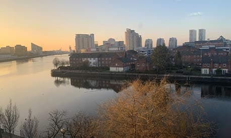 A view of Salford Quays during sunset