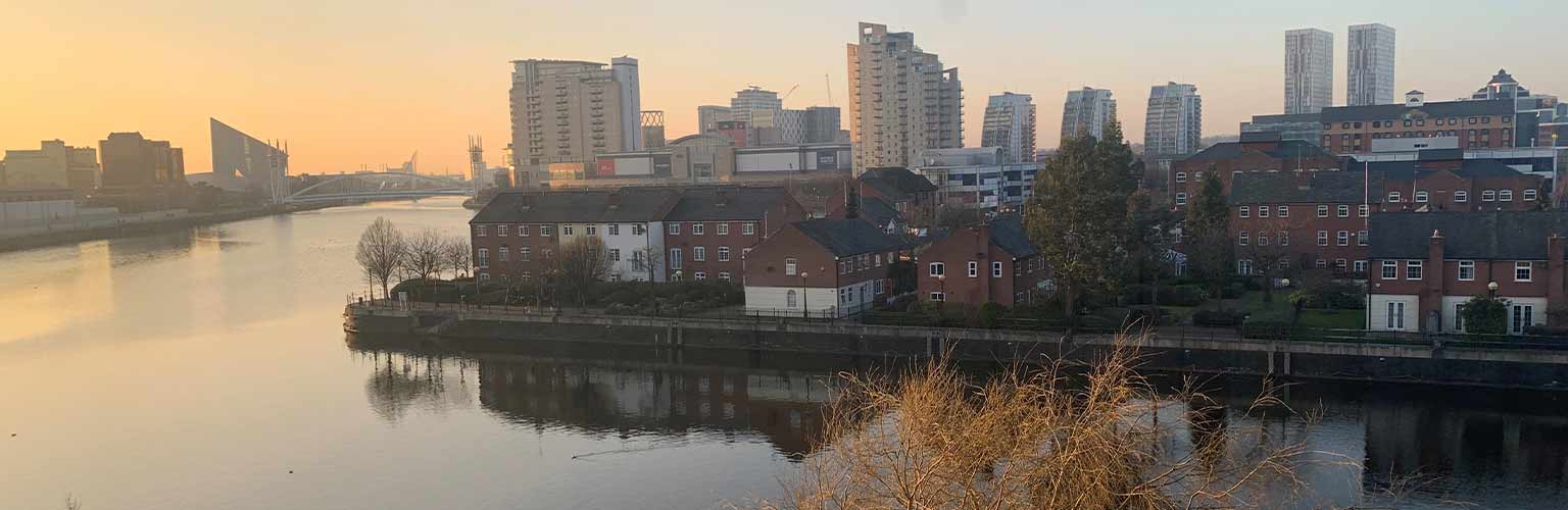 A view of Salford Quays during sunset