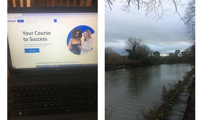 photo of learning course on a laptop, and a photo of a river