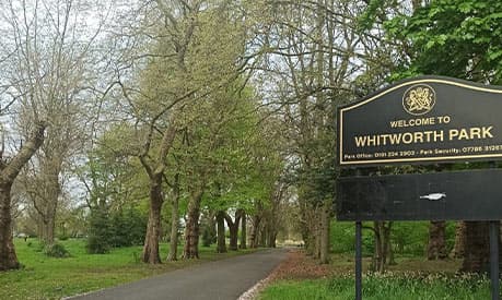 The entrance to Whitworth Park in Manchester