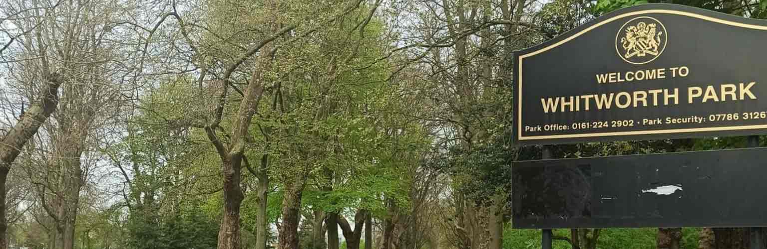 The entrance to Whitworth Park in Manchester