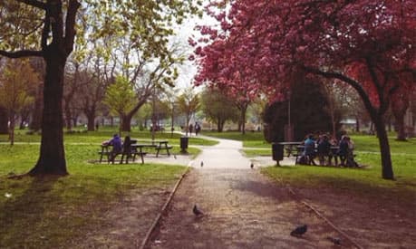 A park in Manchester with students sitting on two separate tables