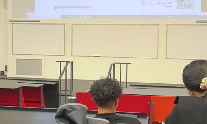 The inside of the lecture theatre at Alliance Manchester Business School