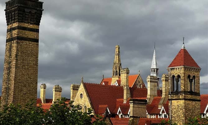The old quadrangle at UoM with dark skies in the background