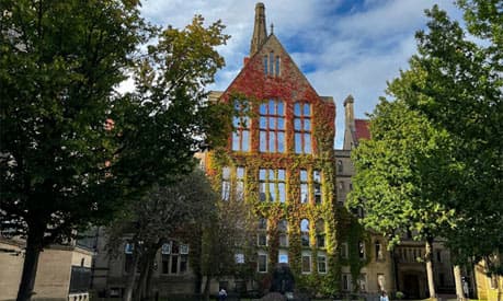 The old quadrangle in the autumn with red leaves
