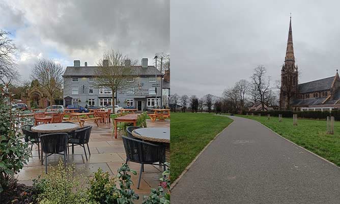 Two pictures side by side. The picture on the left shows a typical English pub and the second picture on the right shows a church