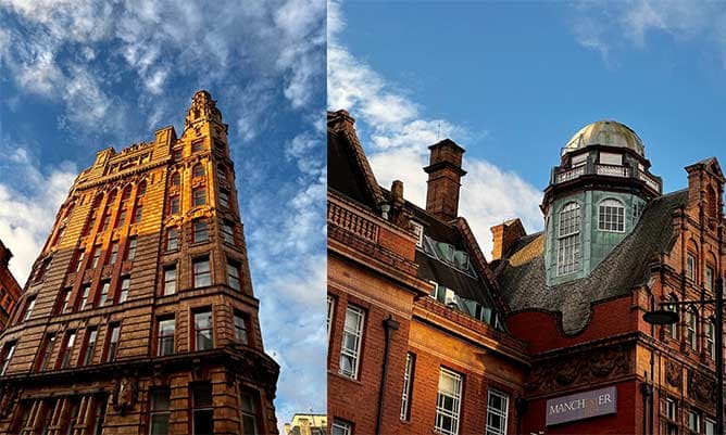 A picture of two images side by side. They are both of buildings from the University of Manchester campus