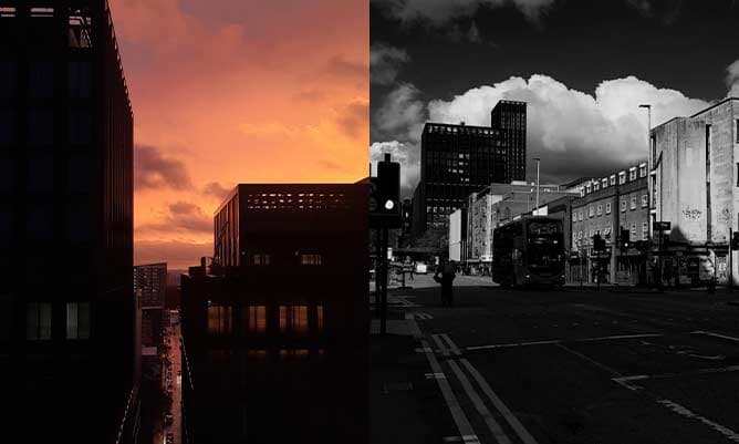 Silhouettes of buildings in Manchester side by side