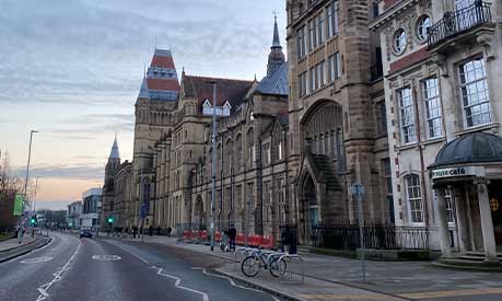 The University of Manchester building looking down towards Oxford Road