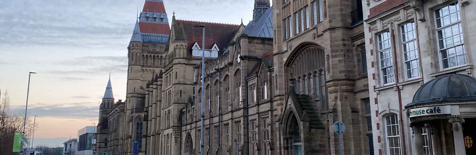 The University of Manchester building looking down towards Oxford Road