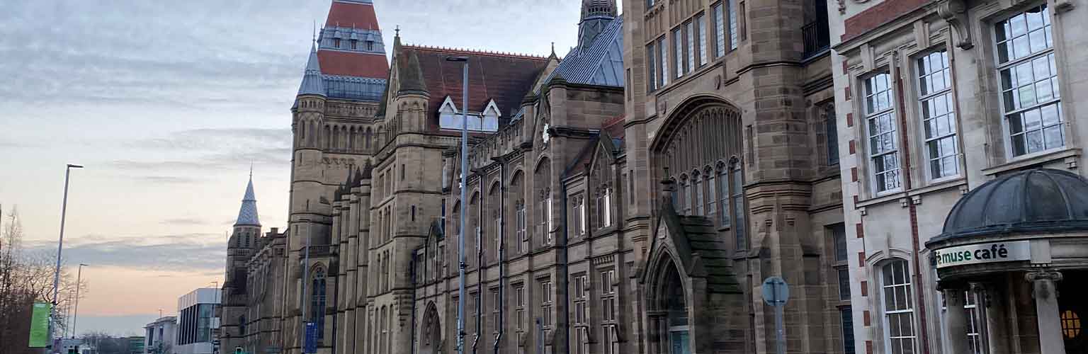 The University of Manchester building looking down towards Oxford Road
