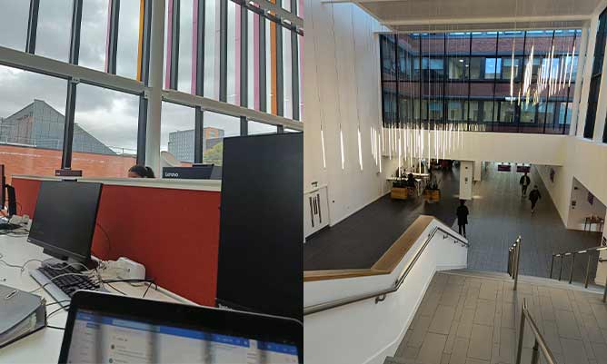 2 pictures from inside the alliance manchester business school building. One shows the Eddie Davies Library and the other other shows a picture form the top of the grand staircase