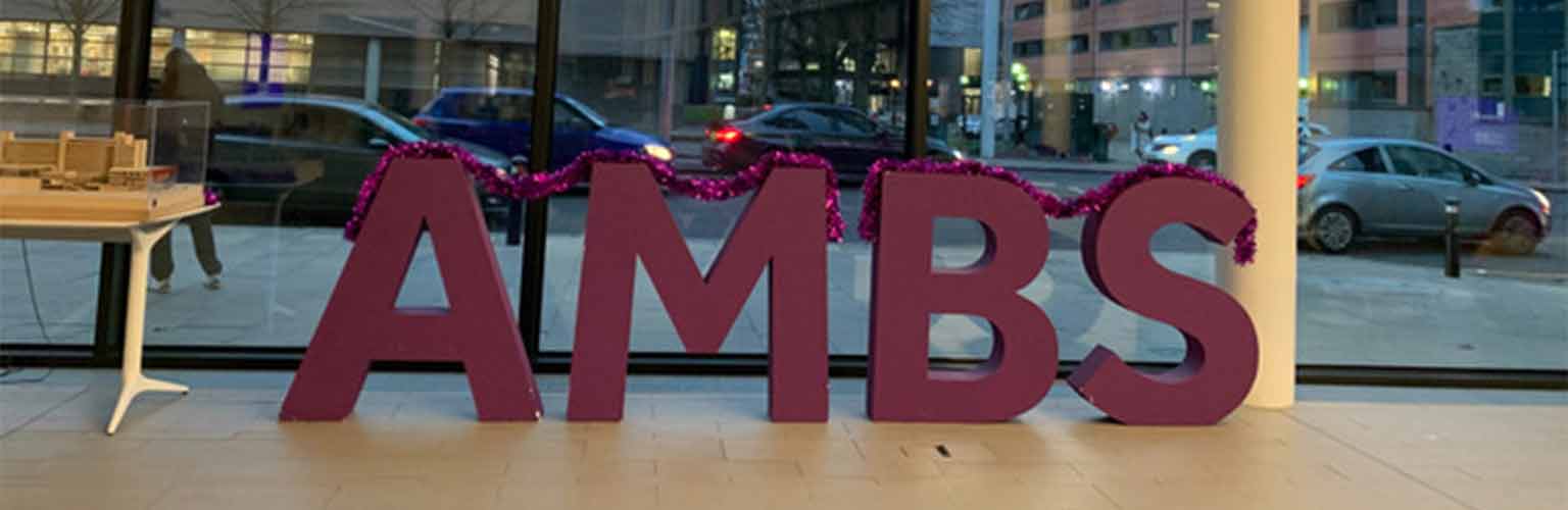 The letters 'AMBS' in purple covered in tinsel