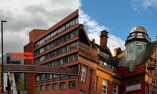 Sackville Street building at Manchester and Booth Street East bridge showing lights which spell out 'Everything is up in the air'