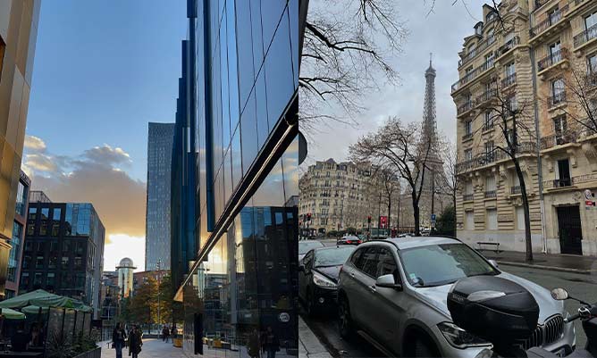 Two pictures in 1. On the right hand side is a picture of Paris. On the left is a picture of Manchester city centre