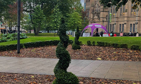 A spiral tree structure at the front of the University of Manchester