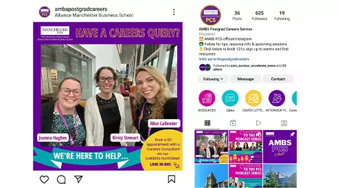 A screenshot of the PFT careers service Instagram channel